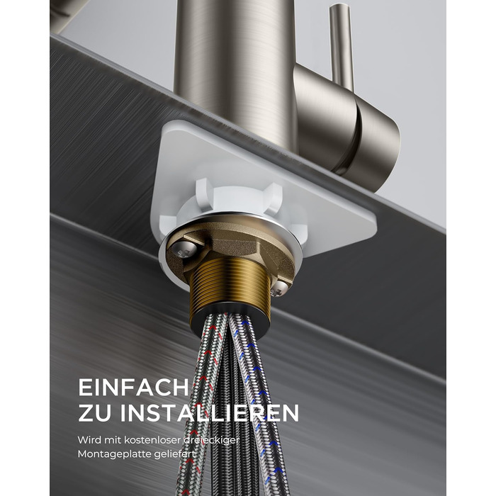 Змішувач кухонний FORIOUS висувний з душем, шланговий, нержавіюча сталь, 360° обертання, 2 режими, L-подібний