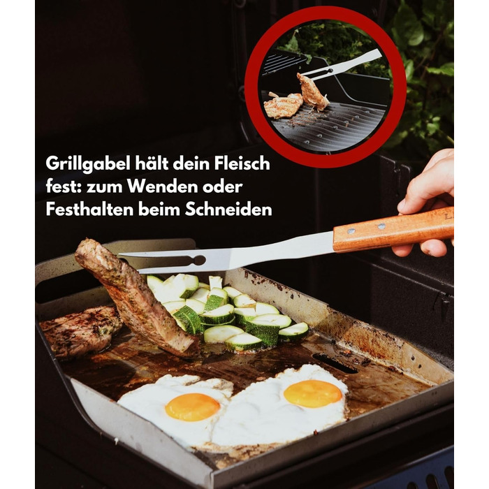 Набір гриль-посуду LEÓN Goods®: щипці, лопатка, виделка, щітка для гриля (4 шт.) з нержавіючої сталі та акації, для газових грилів. Ідеальний подарунок для гриля!