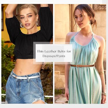 LEACOOLKEY 4 жіночі шкіряні тонкі ремені для суконь та джинсів. Тонкий пояс для талії, з золотою пряжкою (100см, 120см). Розміри: 66-79см, 93-104см. Кольори: чорний, коричневий, темно-синій, білий.