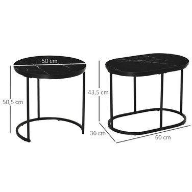 HOMCOM 2-Piece Round Oval Nesting Coffee Table Set - Holds up to 30 kg, Stackable - MDF & Steel Coffee Table, Black - Ø50 x 50 x 5H cm - For Living Room