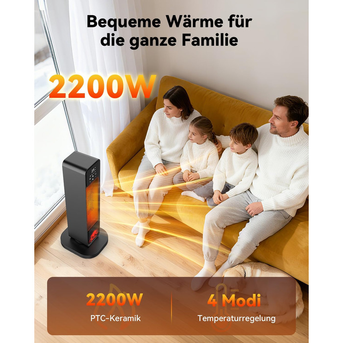 Ефективний енергозберігаючий обігрівач, 1500W PTC кераміка, 34 dB, термостат, таймер 12 год, захист від перегріву та перекидання, з пульт дистанційного керування (матовий чорний)
