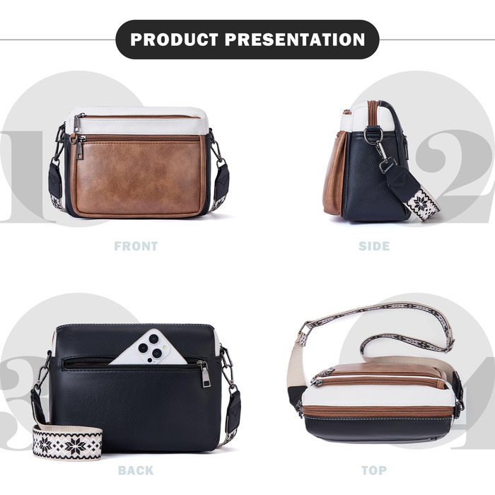 Сумка жіноча через плече MUIIKOLA середнього розміру, екошкіра, м'який широкий ремінь (чорно-бежево-коричнева)