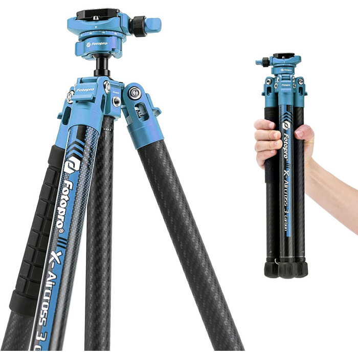 Fotopro X-Aircross 3 Lite - Легкий штатив для камери з карбону, 157 см, з кульковою головкою для панорами, 0.81 кг, для DSLR, з сумкою, до 10 кг, блакитний