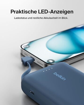 Повербанк Belkin BoostCharge 10000mAh з вбудованим кабелем USB-C, 20W, LED-індикатором, синій