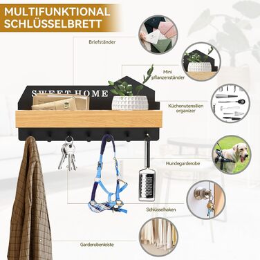 Ключниця настінна з полицею HOME+HOLZ чорна, без свердління, 7 гачків, для коридору, самоклеюча/на шурупах
