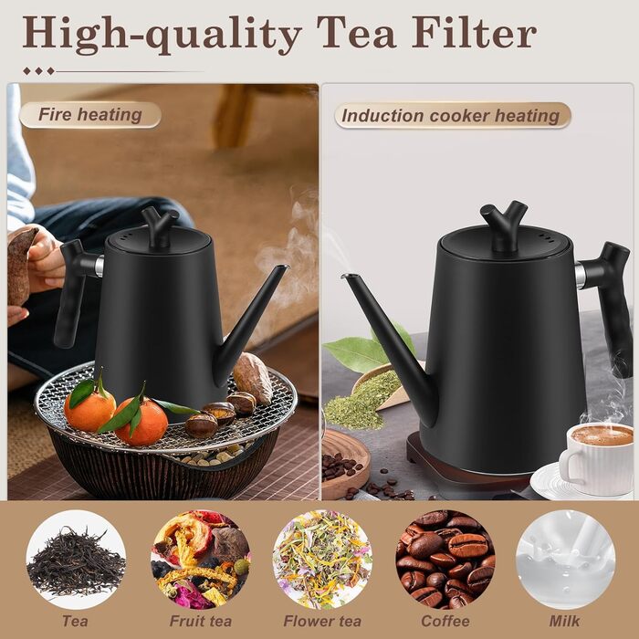 Чайник нержавіюча сталь 1.5л з ситечком, чорний, з термостійкою ручкою для трав'яного чаю та настоянок, двостінний, ізольований, для чаю та кави