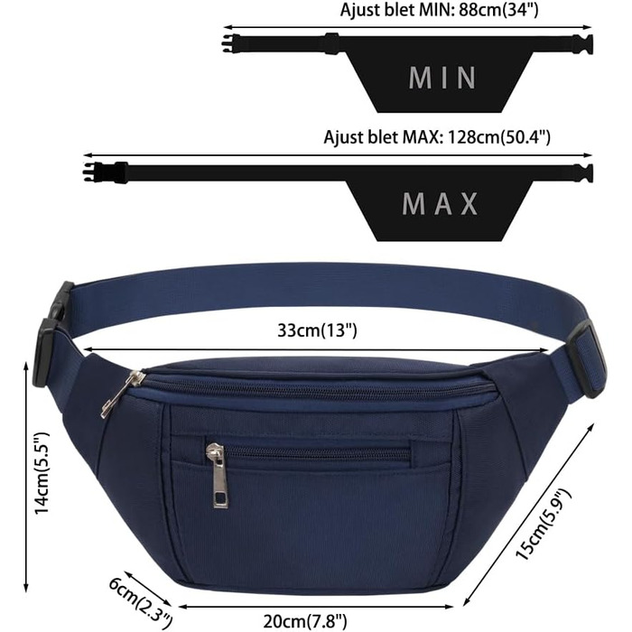 Поясна сумка на пояс, нагрудна сумка, спортивна сумка для чоловіків та жінок, водонепроникна, велика, для телефону, для прогулянок, кемпінгу, подорожей, фітнесу, велосипеда, бігу (Темно-синій)