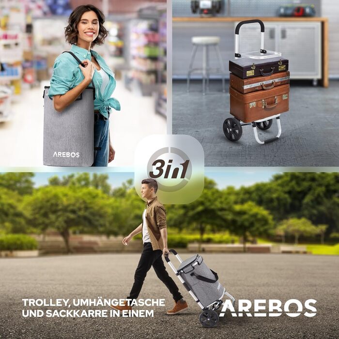Візок для покупок Arebos 3в1, 56 л, з термовідділенням, складний, на колесах, сіра знімна сумка