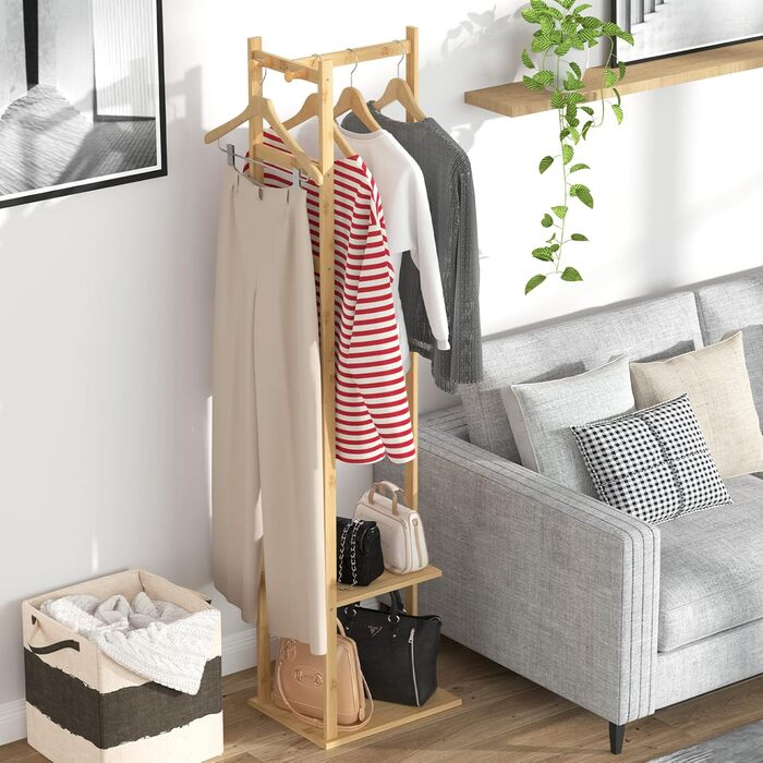 unho Bamboo Wardrobe Rack, Freestanding Clothes Rack, Coat Rack with Clothes Rail, 2 Shelves, 3 Hooks for Clothing, Hats, Bags, Hallway, Entrance Area