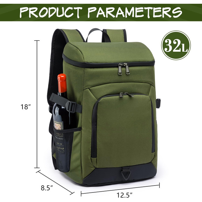 Рюкзак-холодильник Laripwit 54 банки, 32L, ізольований, з відділенням для холоду, зелений. Ідеально для пікніків, подорожей, кемпінгу та тактичного використання.