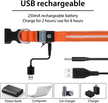 Світловідбиваючий нашийник для собак ASBRILL з LED підсвічуванням, водонепроникний, регульований, 3 режими освітлення, для малих, середніх та великих собак (XS, помаранчевий)