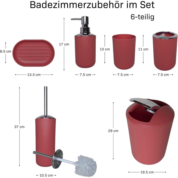 Набір аксесуарів для ванної кімнати 6 предметів, пластик, червоний: туалетний набір, кошик для сміття, стакан для зубних щіток, мильниця, дозатор для мила, декор