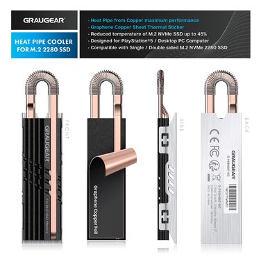 Радіатор охолодження GRAUGEAR HeatPipe для M.2 NVMe SSD (2280) з термонаклейкою з графену-міді, для ПК
