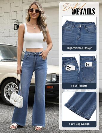 Джинси жіночі Schlaghose (кльош) з високою талією, еластичні, Bootcut, темно-сині, з кишенями, L