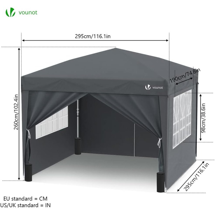 VOUNOT® 3x3m (approx. 10x10ft) Pavilion with 4 Side Walls & 4 Sandbags, Pop-Up Folding Pavilion, Foldable Garden Tent Party Tent, including Bag, Grey