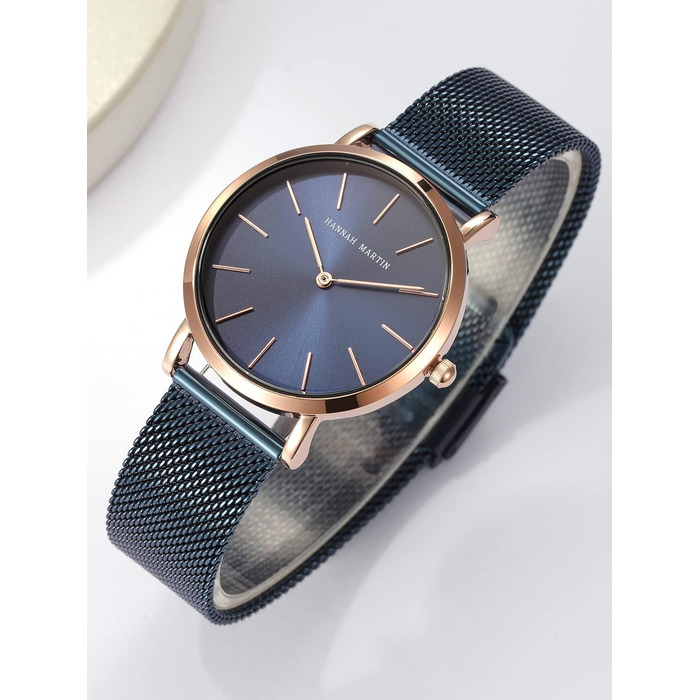Годинник жіночий Hannah Martin, кварцовий, з нержавіючої сталі, водонепроникний, сітка, ультратонкий (блакитна поверхня, блакитний ремінець)