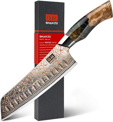Японський ніж Santoku з дамаської сталі 18 см, ручка з акації, професійний, серія VENUS | SHAN ZU