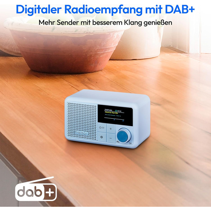 MEDION S66822 Портативне міні-радіо DAB+ з Bluetooth, акумулятор до 6,5 годин, кольоровий дисплей, телескопічна антена, таймер сну, будильник, AUX, USB-C, зелений (блакитний)