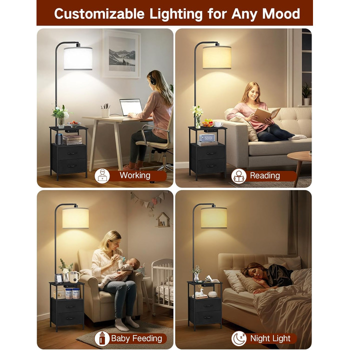Стельова лампа для вітальні з тумбою та полицею, регульована LED, з пультом, 3 колірні температури, приліжкова тумба з зарядкою та полицею, дерев'яний столик для спальні/офісу (чорний з шухлядами)