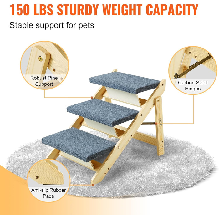 Сходи для домашніх тварин VEVOR з дерева, 2-в-1, складана, для собак та котів, для ліжка, дивану, автомобіля, 3 сходинки, до 68 кг