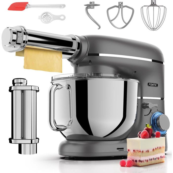 Кухонна машина з тістомісом та машиною для пасти – 2000W, з нержавіючою чашею 6.2L (сіра)