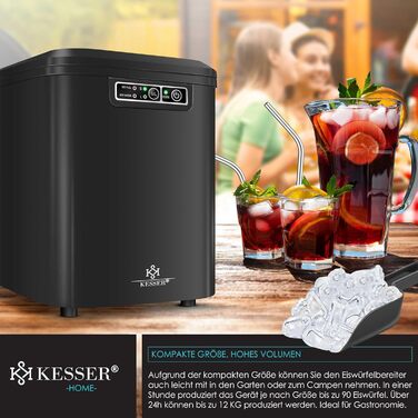 Машина для приготування льоду KESSER® з нержавіючої сталі | 12 кг льоду за 24 години | Швидке приготування (7 хв) | 2.2 л резервуар | 2 розміри кубиків льоду | LED-дисплей | Самоочищення | Чорний