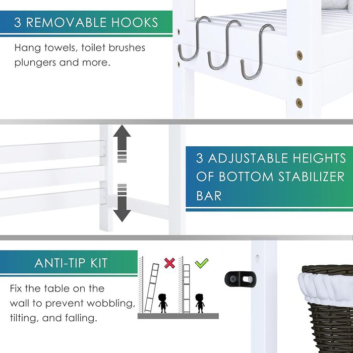 SMIBUY Toilet Shelf, Bamboo Toilet Rack, Adjustable Washing Machine Shelf, Bathroom Shelf with 3 Storage Shelves, Space-Saving, Easy to Assemble, White