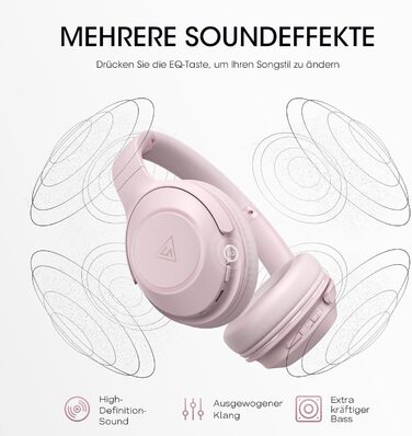 Бездротові навушники DOQAUS Bluetooth з тривалим часом роботи (70 год), Over-Ear, Bluetooth 5.4, Hi-Fi стерео, 3 режими EQ, для подорожей/телефону/ПК (Рожеві)