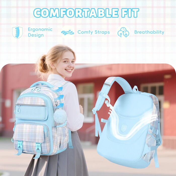 Шкільний рюкзак Tanou для дівчаток, великий, ергономічний, модний каро - ідеальний для підлітків та подорожей (блакитний)