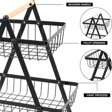 Багатоярусна металева підставка для фруктів та овочів MaxEarn - 3 яруси, велика місткість, з дерев'яною ручкою