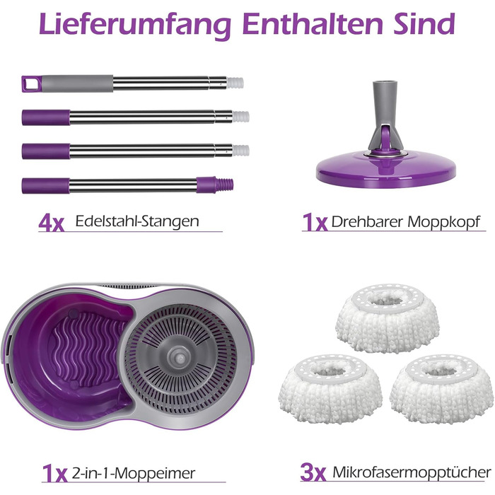 MASTERTOP Набір для миття підлоги з відром, моп з нержавіючою сталею та 3 мікрофібровими накладками, професійний набір для миття підлоги з відром та функцією віджиму - фіолетовий