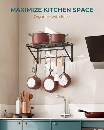 OROPY Pot Rack, 3-Tier Iron Kitchen Shelf, Wall Mount, Pan Holder with 12 Hooks, 60 * 29.5 * 24.5cm, Kitchen Utensil Holder, Kitchen Wall Shelf for Pots and Pans