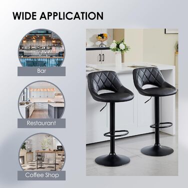 Chummaven 2-Piece Adjustable Bar Stools with Backrest - Faux Leather Kitchen Bar Stools with Chrome Footrest - Padded Barstools for Home Bar, Black