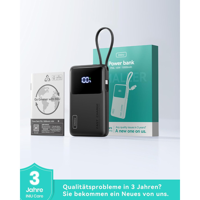 Повербанк INIU 45W 10000mAh з вбудованим кабелем USB-C, швидка зарядка для iPhone 16 17 Pro, Samsung S22, Xiaomi, iPad, чорний