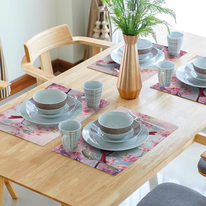 Giwawa Placemats with Spring Birds, 30.5 x 45.7 cm, red bird, cherry blossoms, floral pattern, stain-resistant, heat-resistant, linen, placemats for kitchen, dining table, seasonal party, indoor and