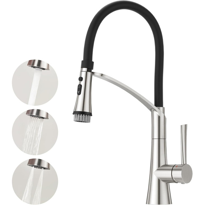 Кран кухонний CREA з 3 функціями: душ, висувна лійка, поворотний вилив, чорний, нержавіюча сталь