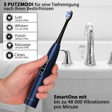Tristan Auron Electric Sonic Toothbrush - 48,000 Vibrations, 5 Modes, Color Display, USB-C, 6-8 Week Battery, IPX7 Waterproof, 6 Brush Heads + SmartOne Protective Case (Blue) with 4-Pack
