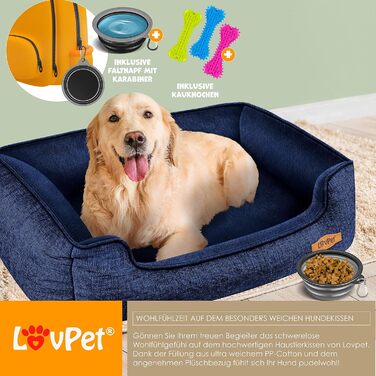 Lovpet® Dog Bed Dog Cushion Dog Basket Chiller, Incl. Bowl + 3X Chew Bones, Dog Sofa Cushion for Small, Medium & Large Dogs, Removable and Washable Cover, L 90 x 75 x 25 cm (M (70 x 55 x 21 cm), Navy Blue)