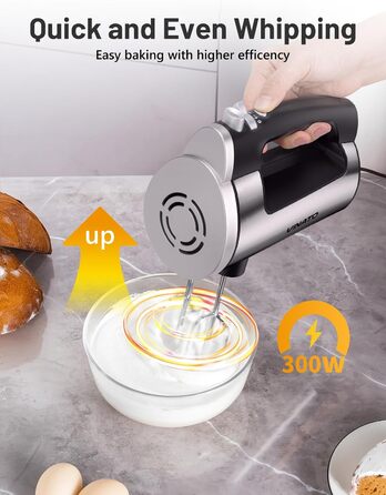 Електричний міксер VINATO 300W з 6 швидкостями, 2 насадки (венчик та гак) | Для тіста, яєць, збивання вершків, випічки | Потужний, захист від перегріву (чорний)