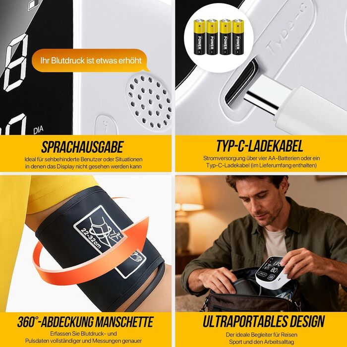 Тонометр на плече RoserRose: цифровий, з голосовим супроводом німецькою, LED-дисплей, 2x99 місць пам'яті, манжета 22-36 см, AAA-батарея/Type-C кабель