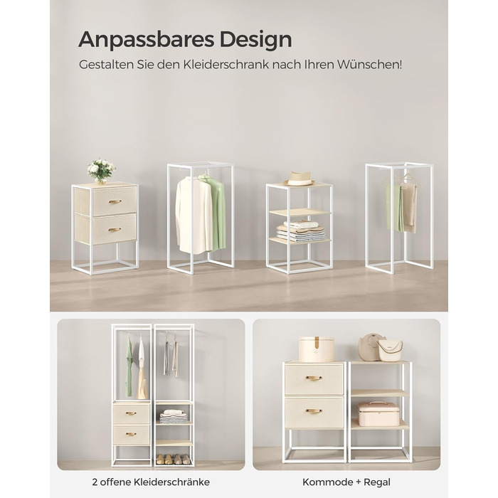 SONGMICS Clothes Rack, Open Wardrobe, High-Load-Capacity Coat Rack, 1 Extendable Rod, 2 Drawers, 4 Shelves, for Bedroom, Space-Saving, Natural Beige RGR003W67