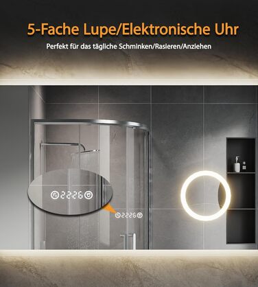 Дзеркало для ванної кімнати SVNR з підсвічуванням 40x60 см, LED, алюмінієва рама, захисне скло, IP44, 3 кольори світла, антизапар, годинник, 5x лупа, розетка для гоління