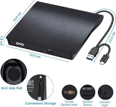 Зовнішній CD/DVD привід BEVA USB 3.0 Type-C, портативний DVD-записувач та зчитувач (DVD/CD-RW), Plug and Play для ноутбука та ПК (Windows, macOS, Linux)