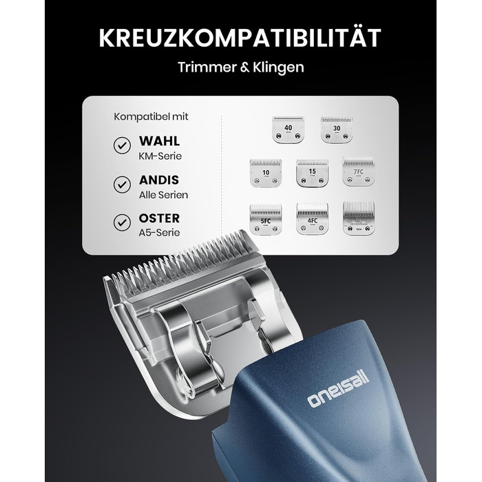 Професійна машинка для стрижки собак Oneisall, 2 швидкості, для собак та котів, тиха, для густого, довгого та кучерявого хутра, з акумулятором, леза з вуглецевої сталі, блакитна