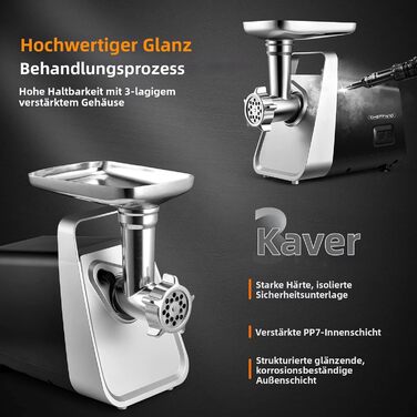 М'ясорубка електрична CHEFFANO 2000W з насадками для ковбас та кубебе, нержавіюча сталь, чорна