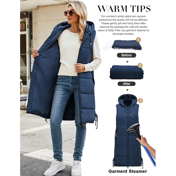 Жіноча довга стьобана жилетка Vancavoo з капюшоном, тепла зимова жилетка, довга жилетка (Морська синя, S)