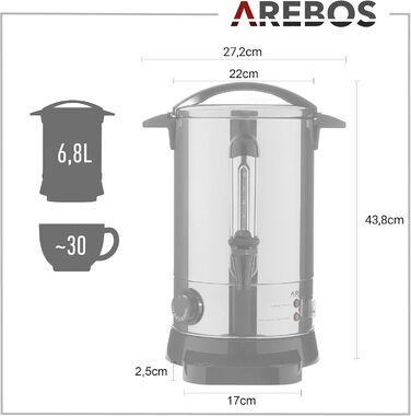 Arebos Glühwein Cooker 950 W | Hot Beverage Dispenser | 6.8 L | with drip tray, tap, thermostat, and overheat protection | Temperature setting from 30-110 °C | (Silver)