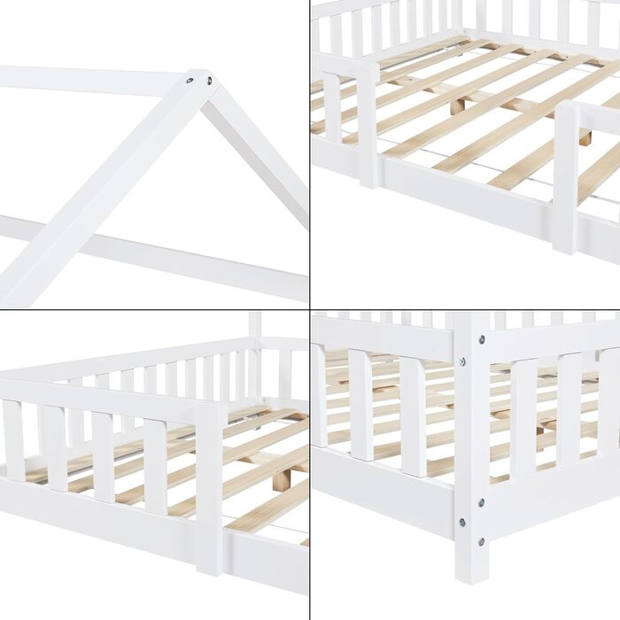 en.casa Kinderbett Sisimiut House Bed 140 x 200 cm with Side Rails, Wooden Bed for Children, Floor Bed, Slatted Frame, Pine Wood, Matt White, 140x200cm