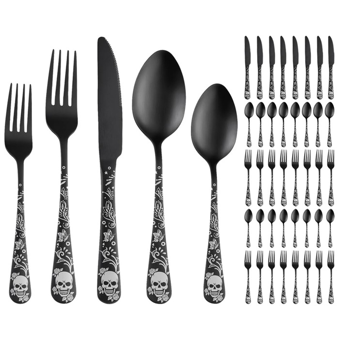 Набір столових приборів XIAOYU з дизайном черепа, готичний, 40 предметів, нержавіюча сталь, для 4 осіб. Хелловінський набір (Череп, квіти)