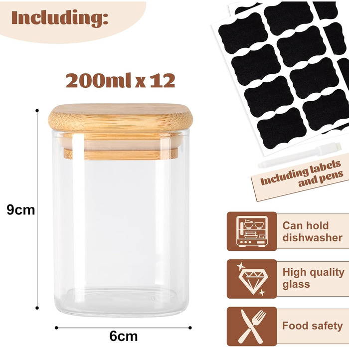 Набір скляних банок для спецій 12 шт. 200 мл з дерев'яною кришкою, набір дозаторів спецій, контейнери для спецій